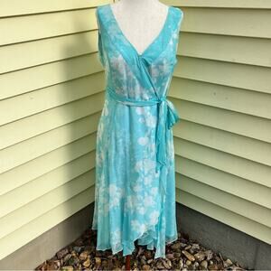 ICE Blue Silk Floral Wrap Dress Pearls Romantic Vintage Y2K Tie Women's Small